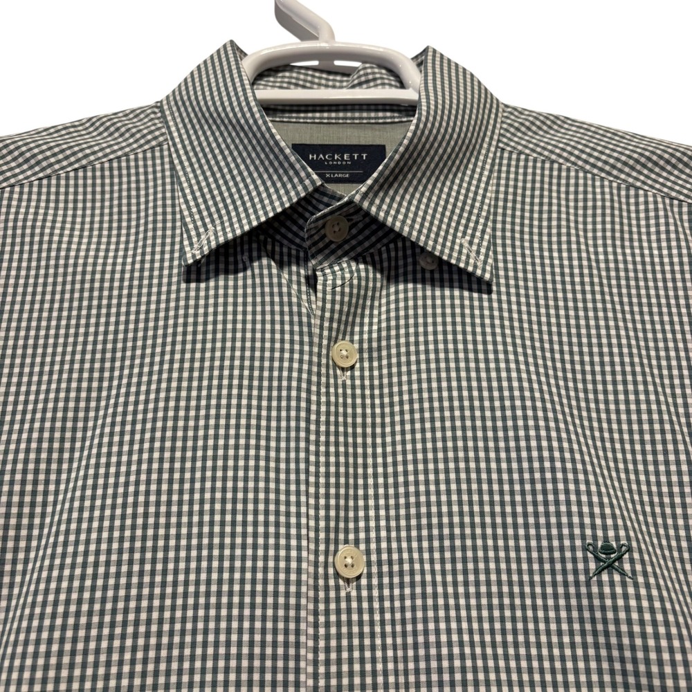Hackett London Mens XL Slim Fit Gingham Button Down Shirt Green White *See Desc*